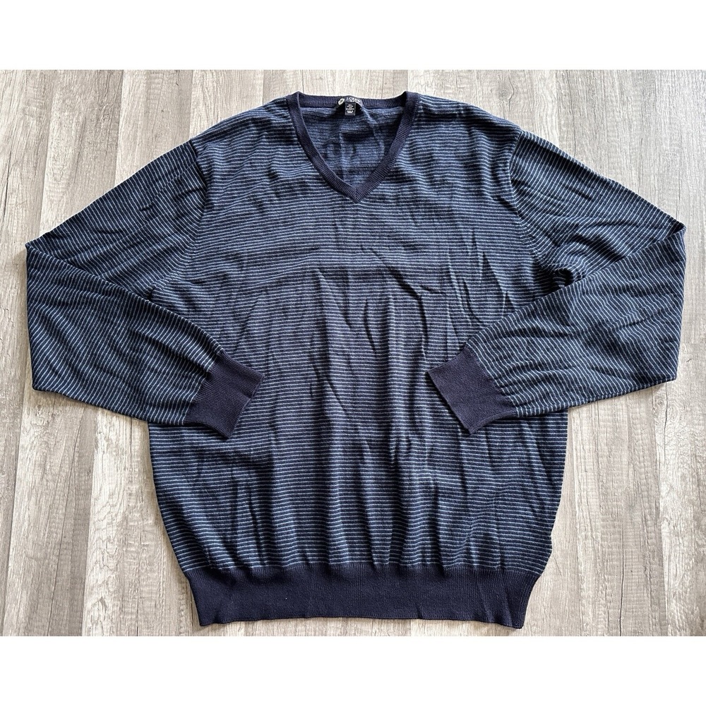 J. Crew Men's Large Blue Cotton 5% Cashmere Blend Stripe V-Neck Pullover Sweater